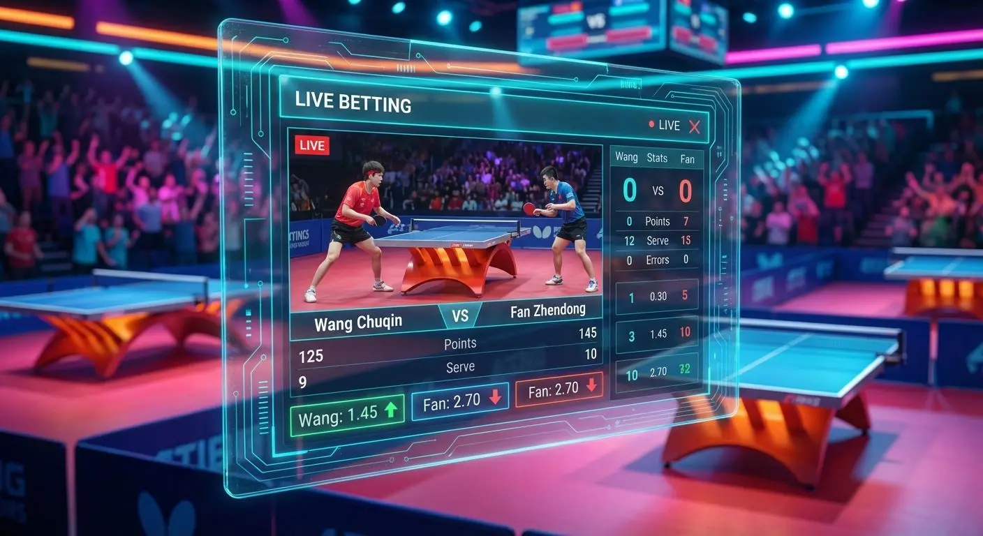 Interfaz de apuestas deportivas con partido de tenis de mesa en vivo y cuotas actualizándose